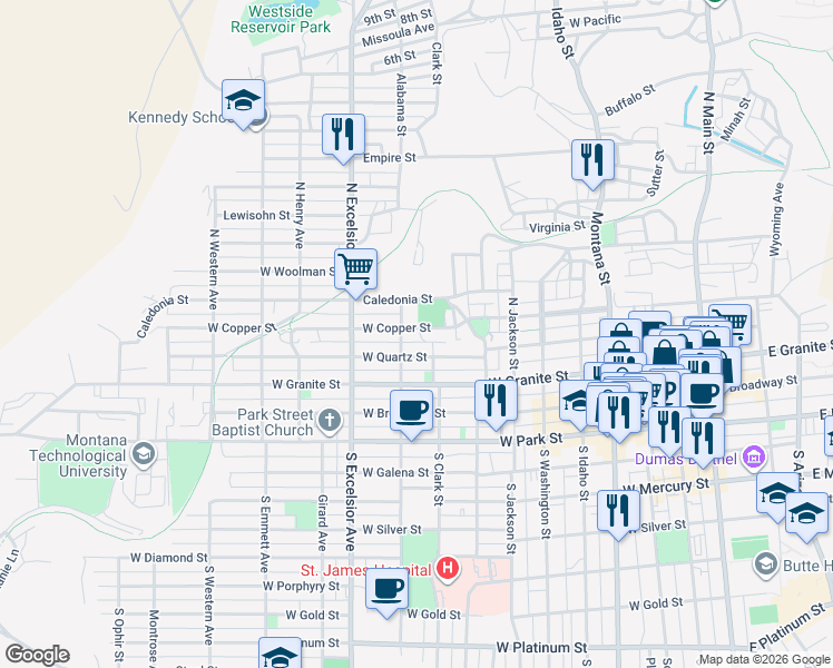 map of restaurants, bars, coffee shops, grocery stores, and more near 725 Caledonia Street in Butte