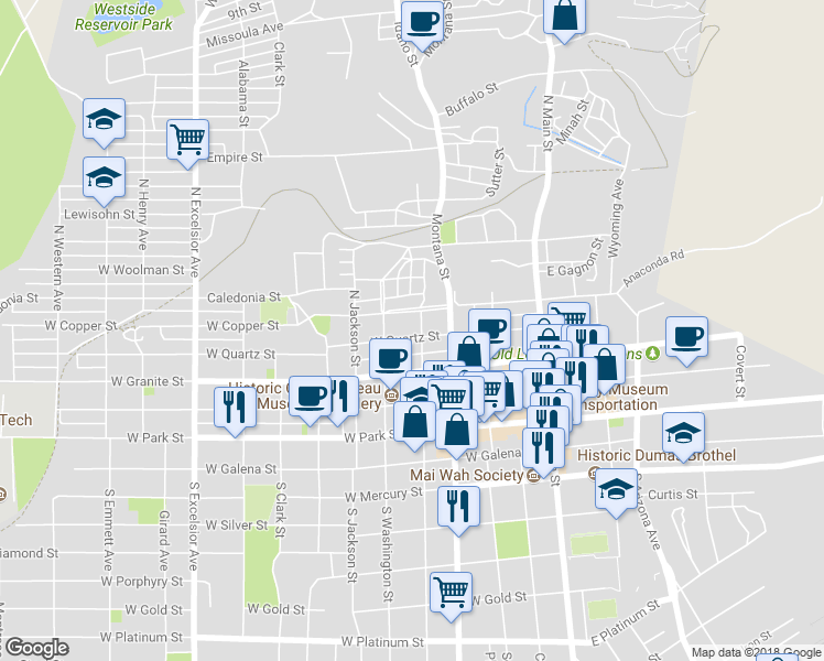 map of restaurants, bars, coffee shops, grocery stores, and more near 303 West Quartz Street in Butte