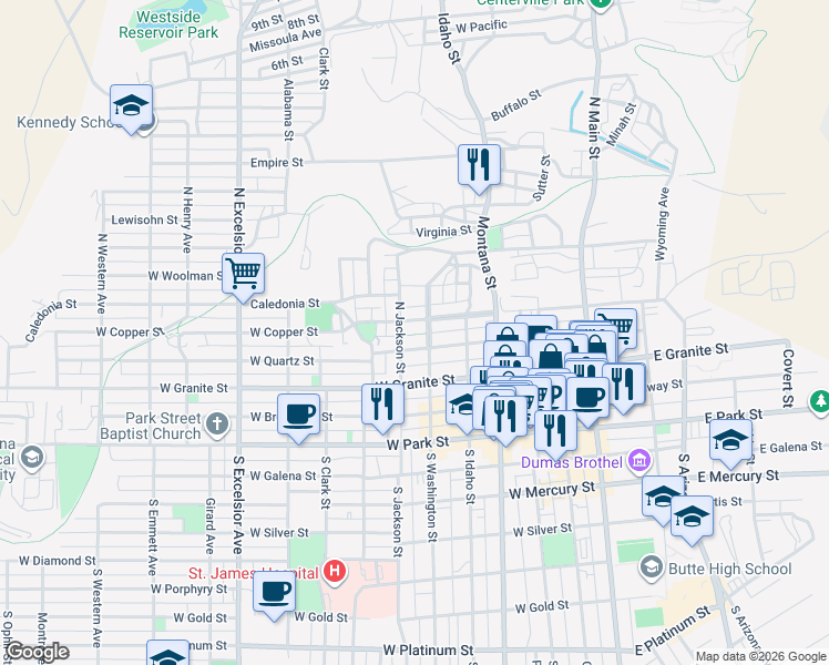 map of restaurants, bars, coffee shops, grocery stores, and more near 315 North Washington Street in Butte