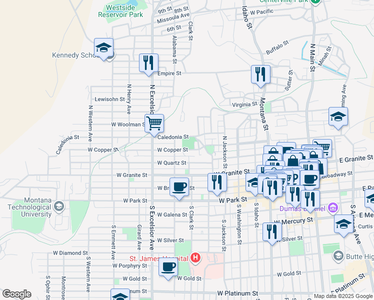 map of restaurants, bars, coffee shops, grocery stores, and more near West Copper Street in Butte