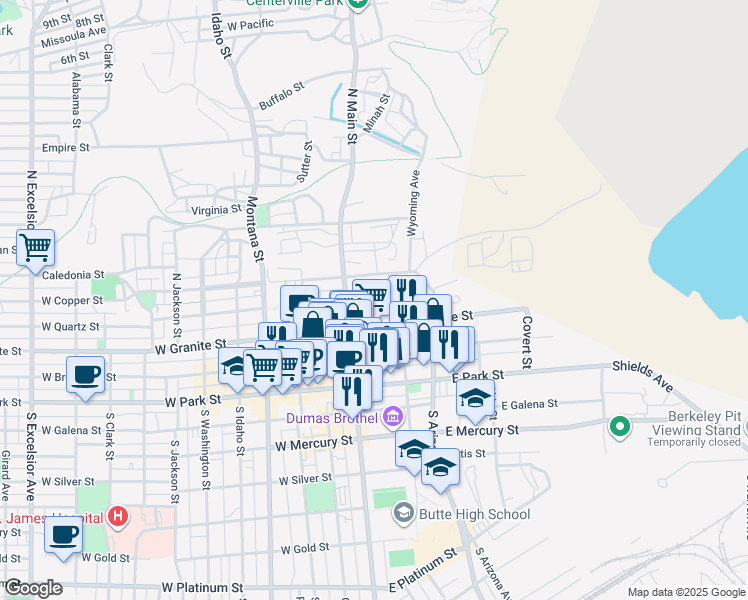 map of restaurants, bars, coffee shops, grocery stores, and more near 55 East Quartz Street in Butte