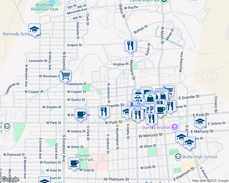 map of restaurants, bars, coffee shops, grocery stores, and more near 321 North Washington Street in Butte