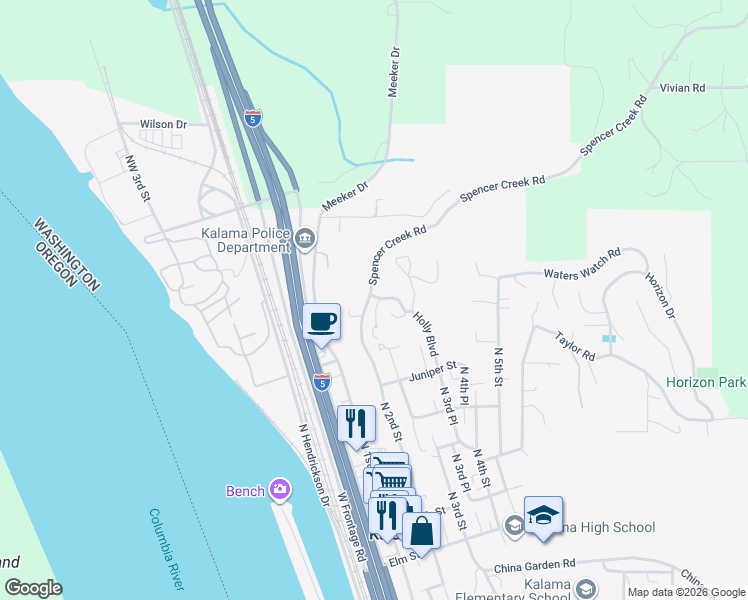 map of restaurants, bars, coffee shops, grocery stores, and more near 786 Holly Boulevard in Kalama