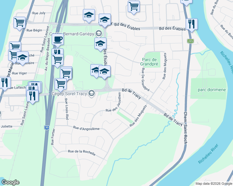 map of restaurants, bars, coffee shops, grocery stores, and more near 2600 Boulevard de Tracy in Sorel-Tracy