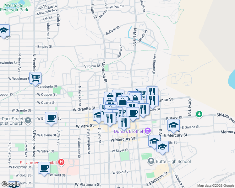 map of restaurants, bars, coffee shops, grocery stores, and more near 30 West Copper Street in Butte