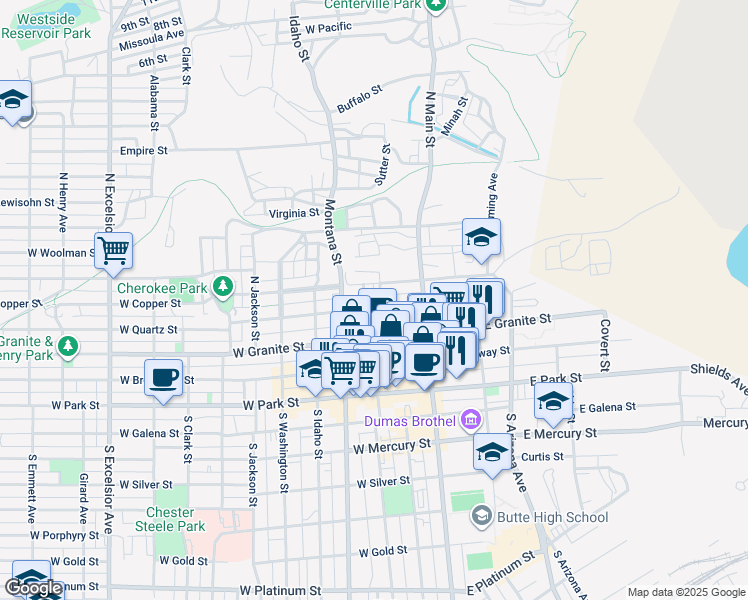 map of restaurants, bars, coffee shops, grocery stores, and more near 30 West Copper Street in Butte