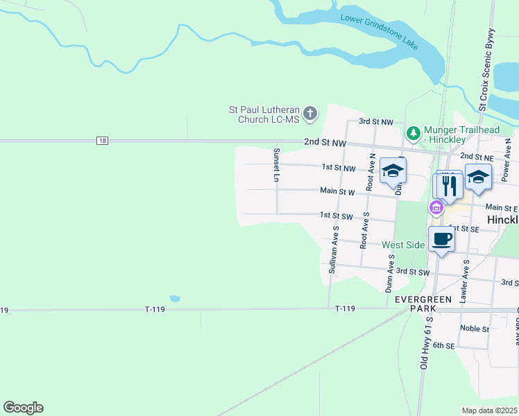 map of restaurants, bars, coffee shops, grocery stores, and more near 517 1st Street Southwest in Hinckley