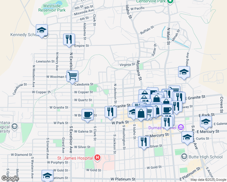 map of restaurants, bars, coffee shops, grocery stores, and more near 319 South Jackson Street in Butte