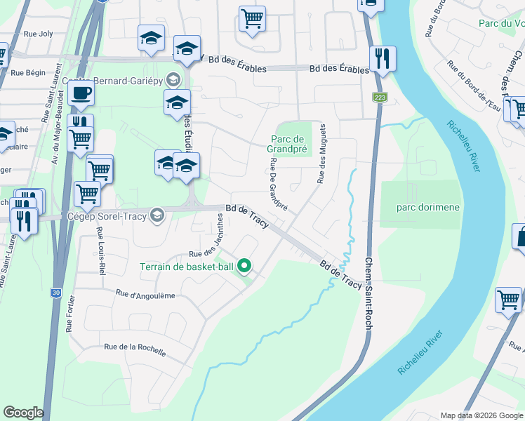 map of restaurants, bars, coffee shops, grocery stores, and more near 2205 Boulevard de Tracy in Sorel-Tracy