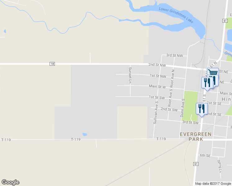 map of restaurants, bars, coffee shops, grocery stores, and more near 517 1st Street Southwest in Hinckley