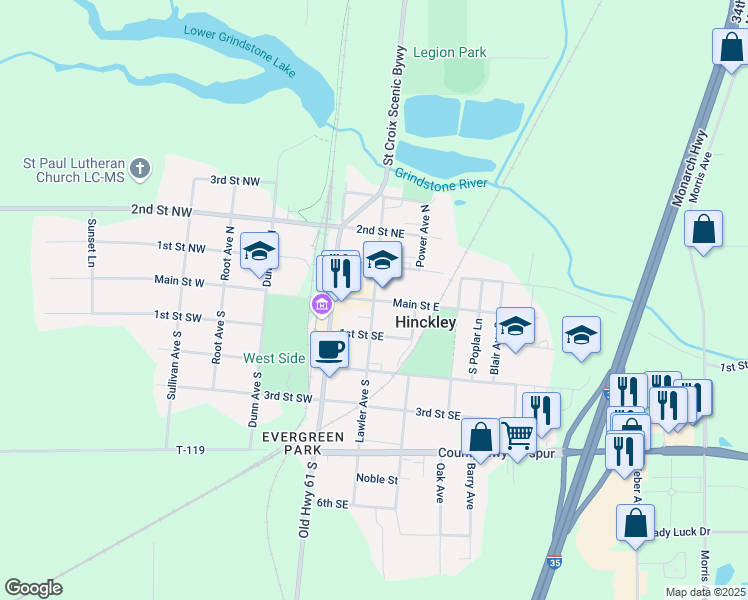 map of restaurants, bars, coffee shops, grocery stores, and more near 201 Main Street East in Hinckley