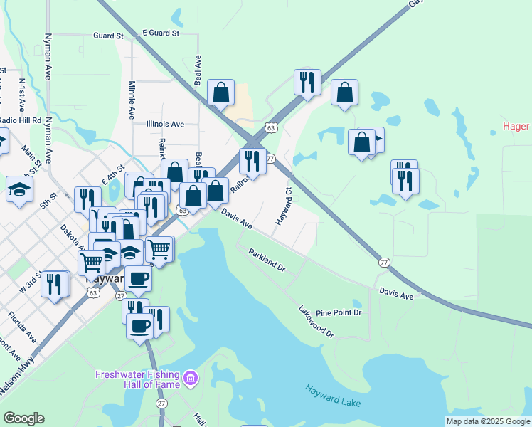 map of restaurants, bars, coffee shops, grocery stores, and more near 10589 Hayward Court in Hayward