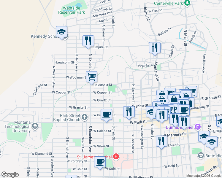 map of restaurants, bars, coffee shops, grocery stores, and more near 725 Caledonia Street in Butte