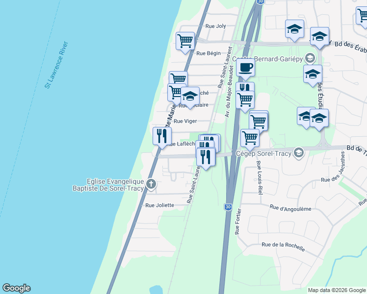 map of restaurants, bars, coffee shops, grocery stores, and more near 3217 Rue Laflèche in Sorel-Tracy