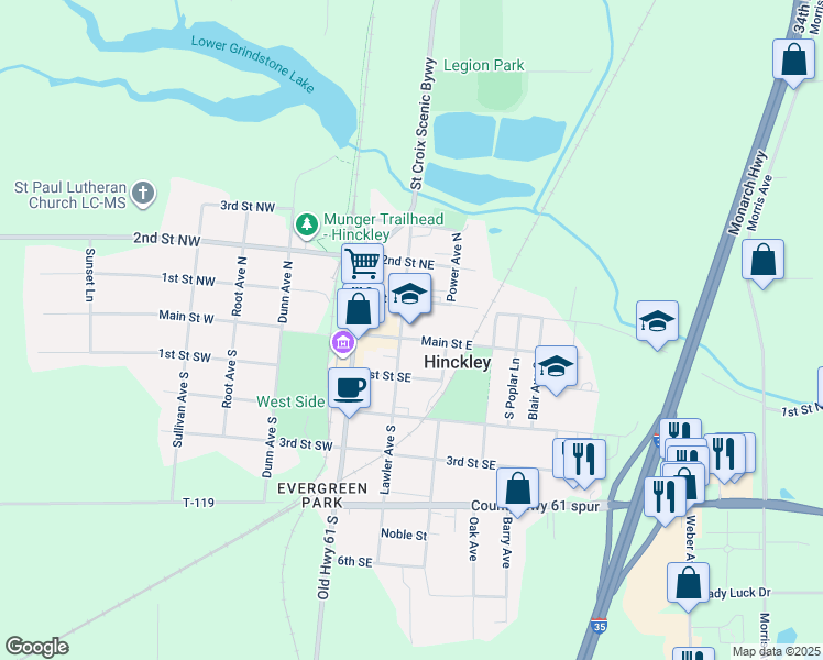map of restaurants, bars, coffee shops, grocery stores, and more near 201 Main Street East in Hinckley