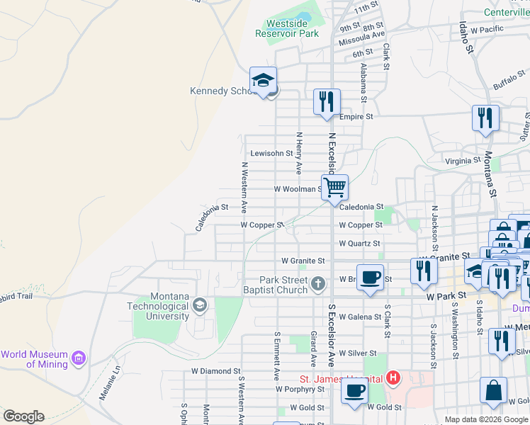 map of restaurants, bars, coffee shops, grocery stores, and more near 1131 West Copper Street in Butte