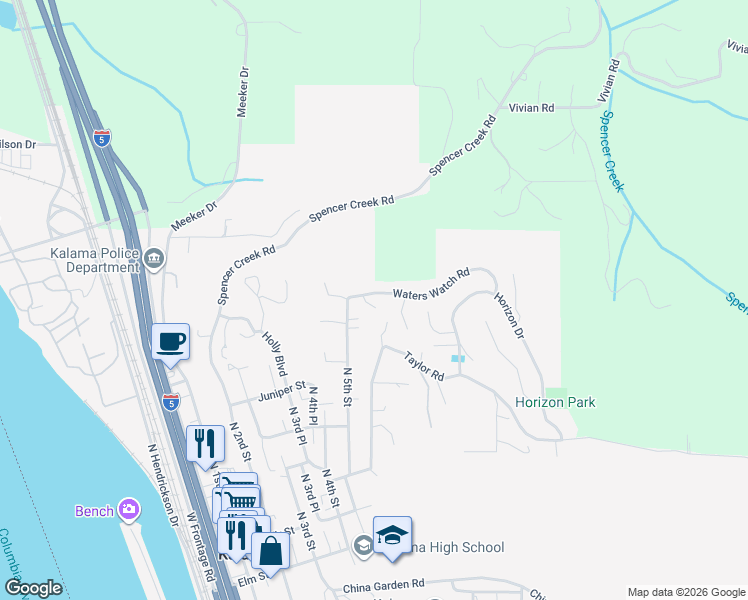 map of restaurants, bars, coffee shops, grocery stores, and more near 620 Waters Watch Road in Kalama