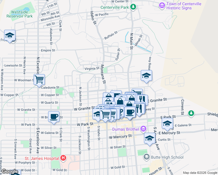 map of restaurants, bars, coffee shops, grocery stores, and more near in Butte