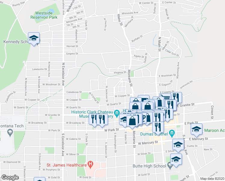 map of restaurants, bars, coffee shops, grocery stores, and more near 459 North Washington Street in Butte