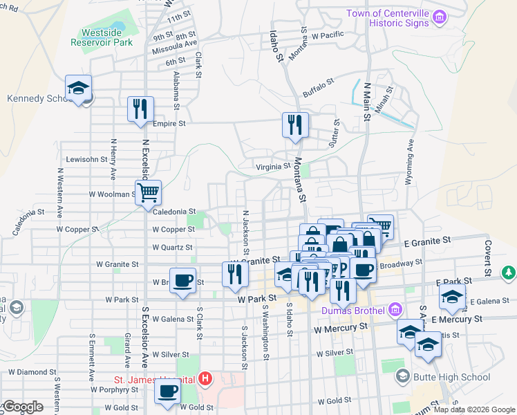 map of restaurants, bars, coffee shops, grocery stores, and more near 415 North Washington Street in Butte