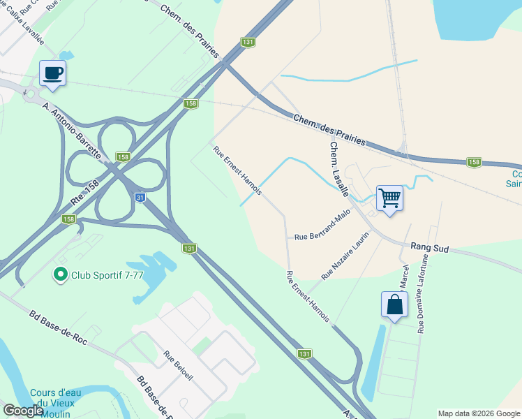 map of restaurants, bars, coffee shops, grocery stores, and more near Rue Ernest-Harnois in Joliette