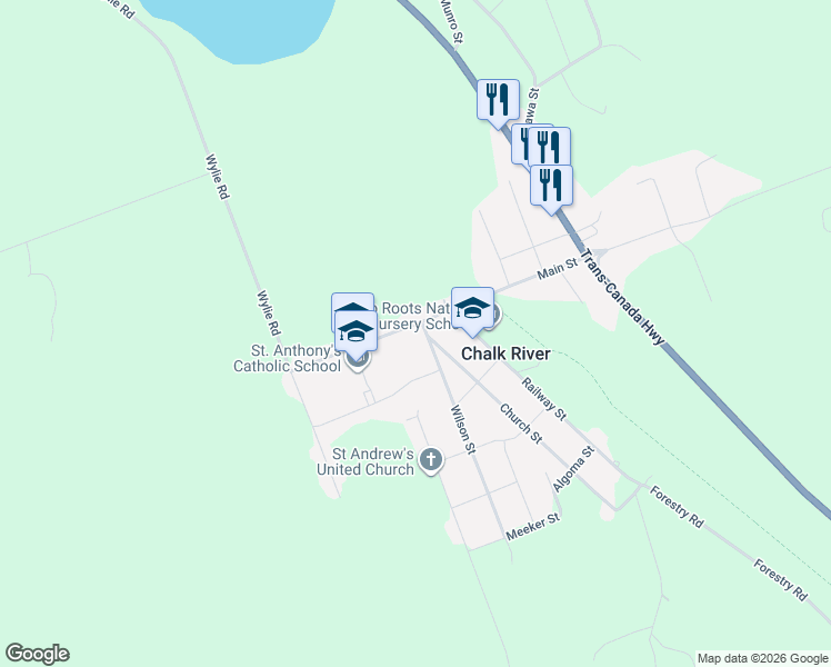 map of restaurants, bars, coffee shops, grocery stores, and more near 32 Main Street in Chalk River