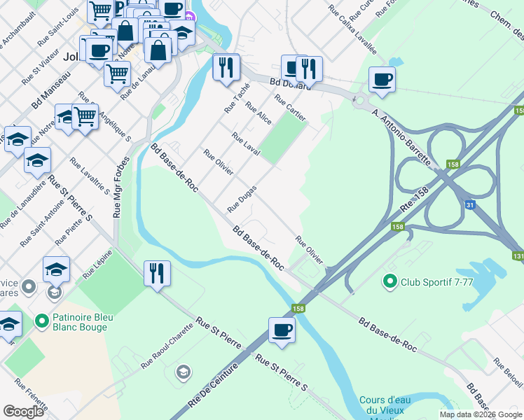 map of restaurants, bars, coffee shops, grocery stores, and more near 605 Rue Olivier in Joliette