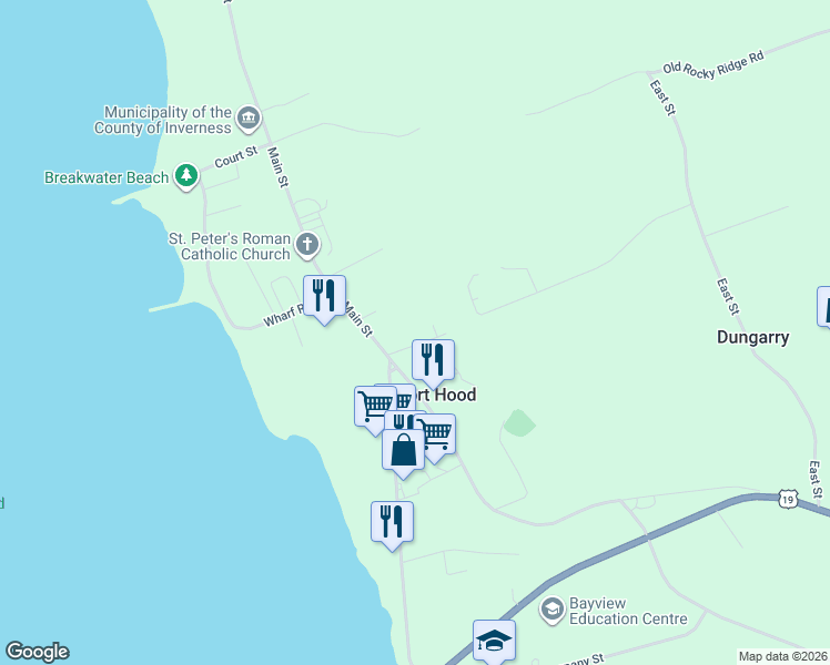 map of restaurants, bars, coffee shops, grocery stores, and more near 21 Fraser Street in Port Hood