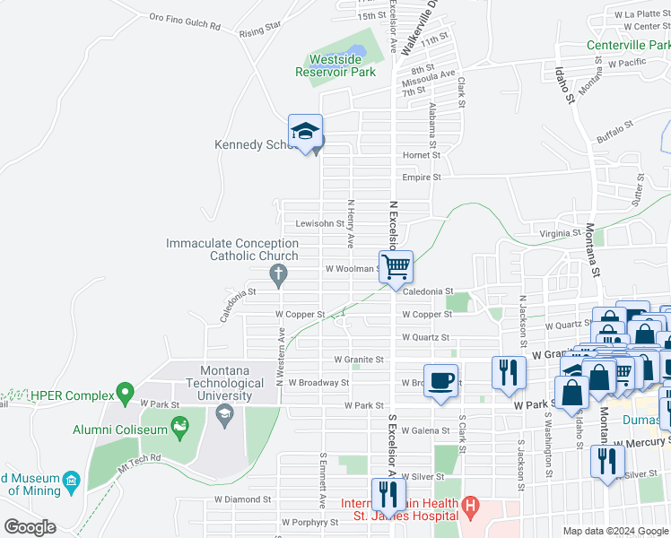map of restaurants, bars, coffee shops, grocery stores, and more near 1035 West Woolman Street in Butte