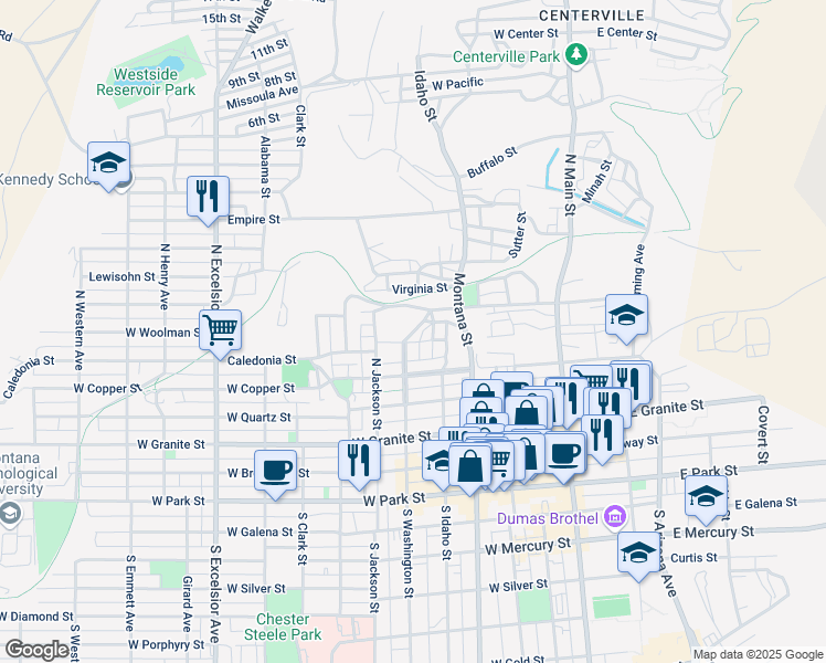 map of restaurants, bars, coffee shops, grocery stores, and more near 459 North Washington Street in Butte