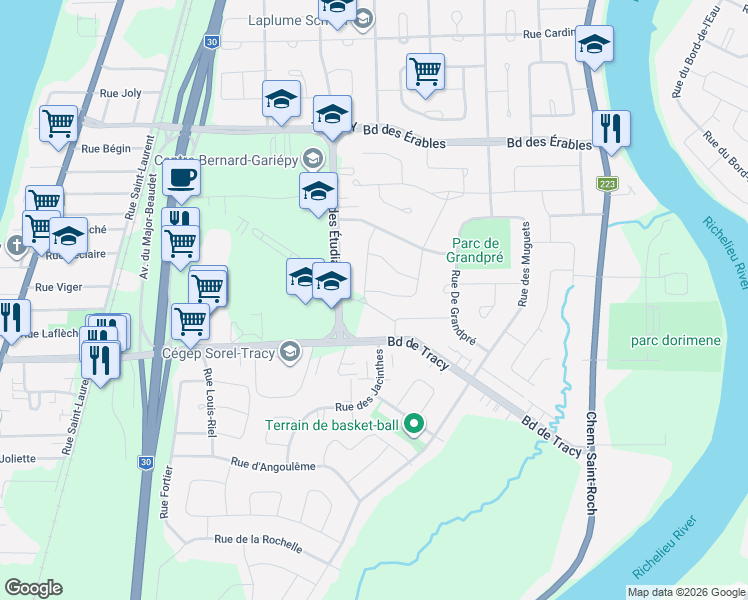 map of restaurants, bars, coffee shops, grocery stores, and more near 56 Rue de la Côte-des-Pins in Sorel-Tracy