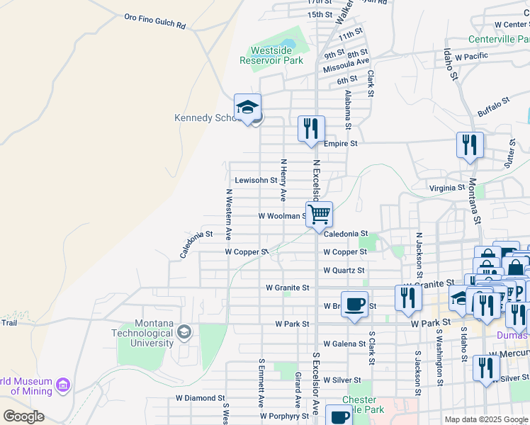 map of restaurants, bars, coffee shops, grocery stores, and more near 1035 West Woolman Street in Butte