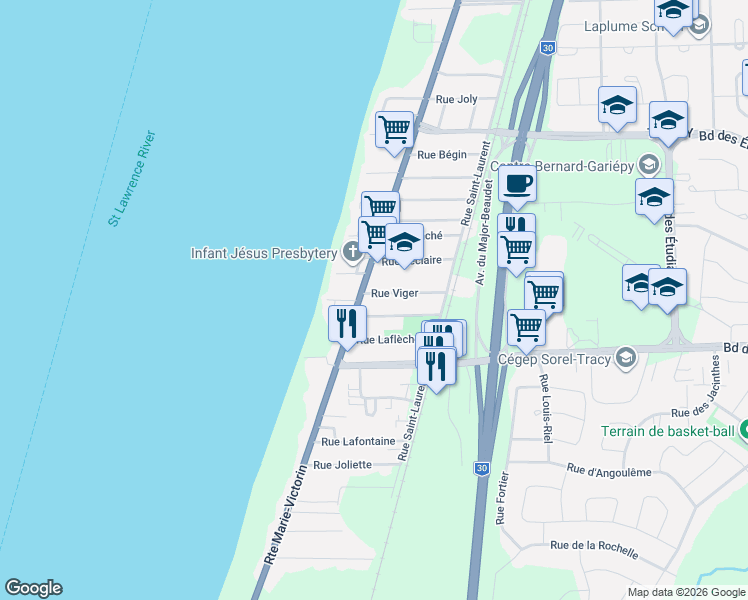 map of restaurants, bars, coffee shops, grocery stores, and more near 3237 Rue Viger in Sorel-Tracy