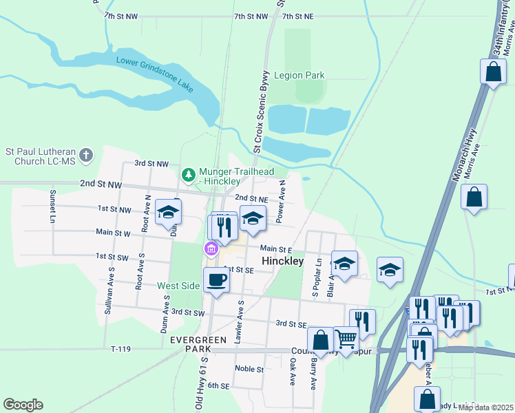 map of restaurants, bars, coffee shops, grocery stores, and more near 203 1st Street Northeast in Hinckley