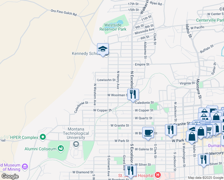 map of restaurants, bars, coffee shops, grocery stores, and more near 1035 West Woolman Street in Butte