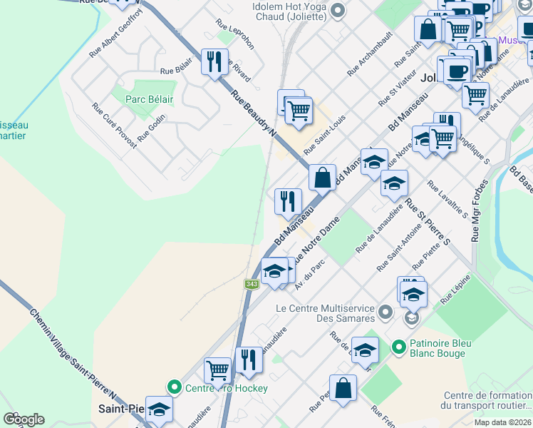 map of restaurants, bars, coffee shops, grocery stores, and more near 111 Rue Sir Mathias Tellier Nord in Joliette