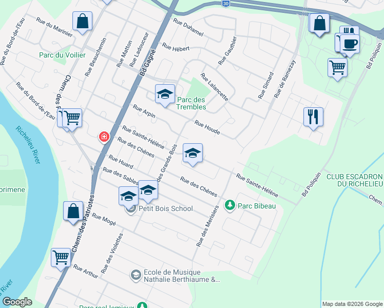 map of restaurants, bars, coffee shops, grocery stores, and more near 370 Rue Sainte-Hélène in Sorel-Tracy