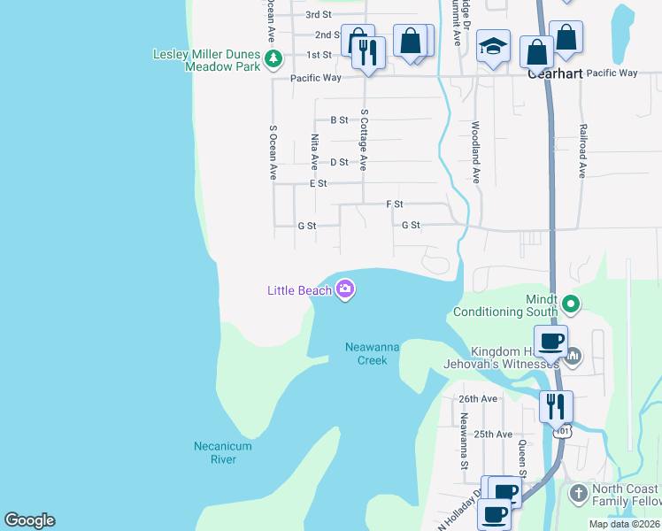 map of restaurants, bars, coffee shops, grocery stores, and more near Wellington Avenue in Gearhart
