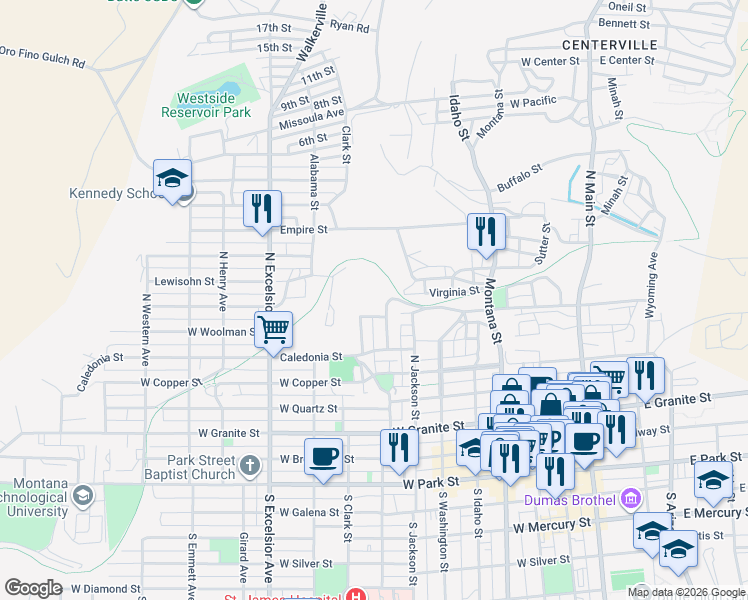 map of restaurants, bars, coffee shops, grocery stores, and more near 648 West Woolman Street in Butte