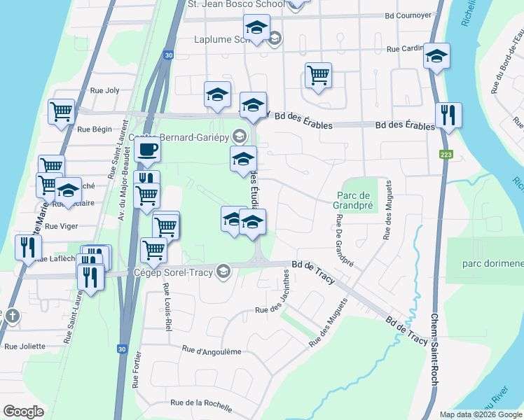 map of restaurants, bars, coffee shops, grocery stores, and more near 6220 Boulevard des Étudiants in Sorel-Tracy