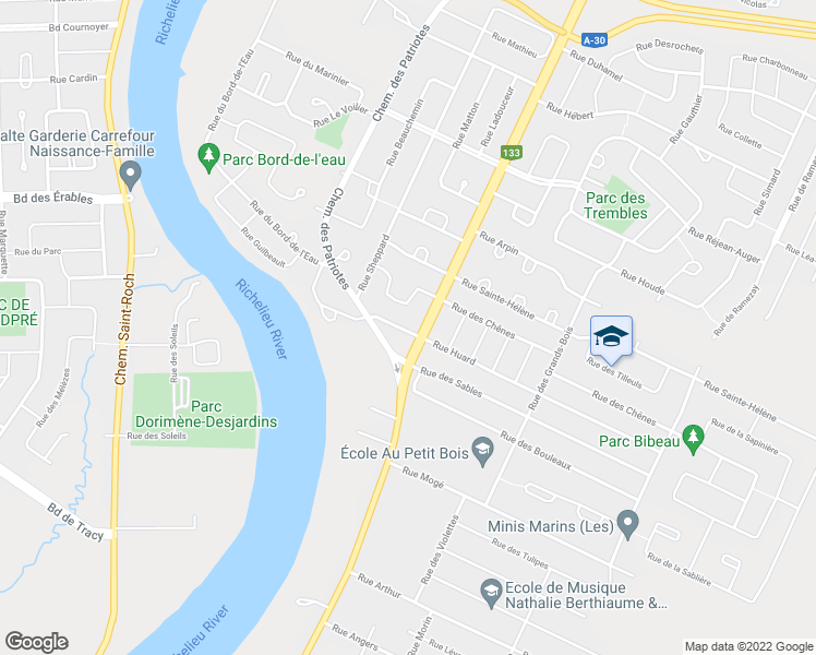 map of restaurants, bars, coffee shops, grocery stores, and more near 35 Rue Huard in Sorel-Tracy