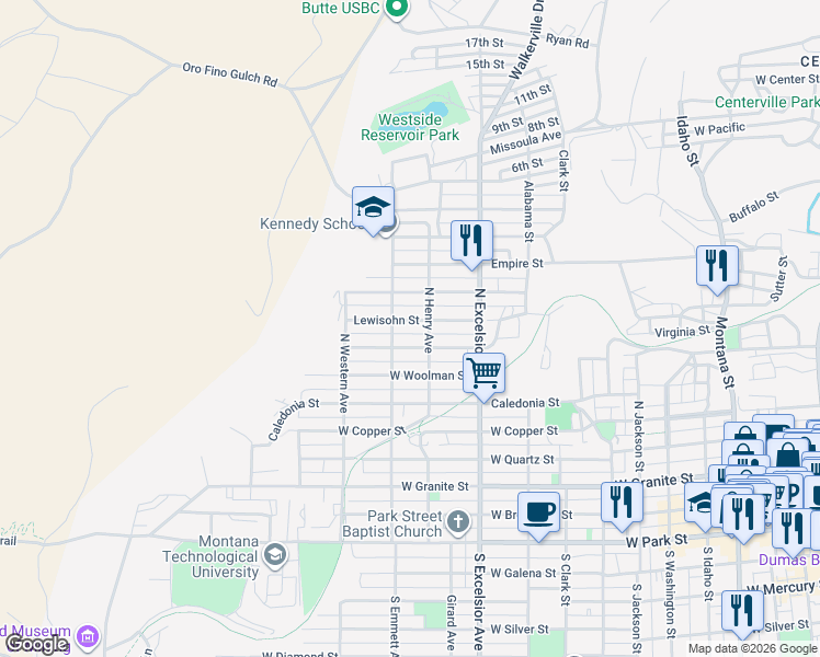 map of restaurants, bars, coffee shops, grocery stores, and more near 1031 Lewisohn Street in Butte