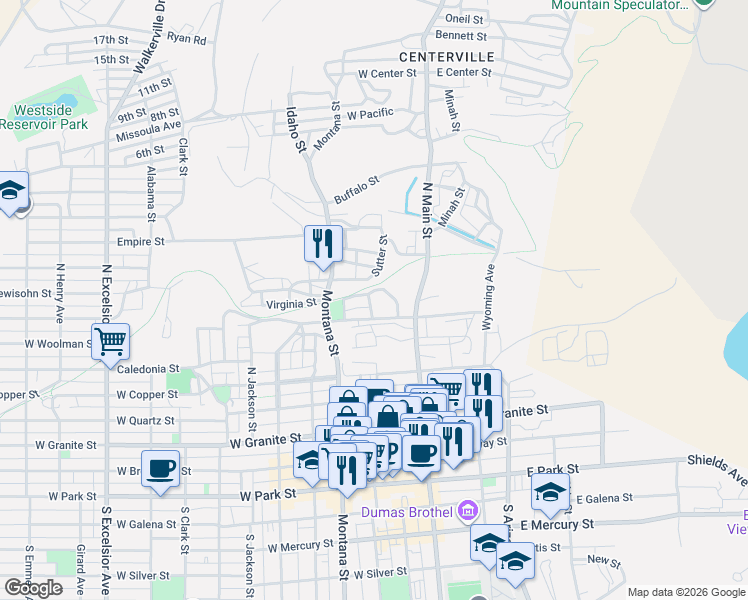 map of restaurants, bars, coffee shops, grocery stores, and more near 105 W Boardman St in Butte