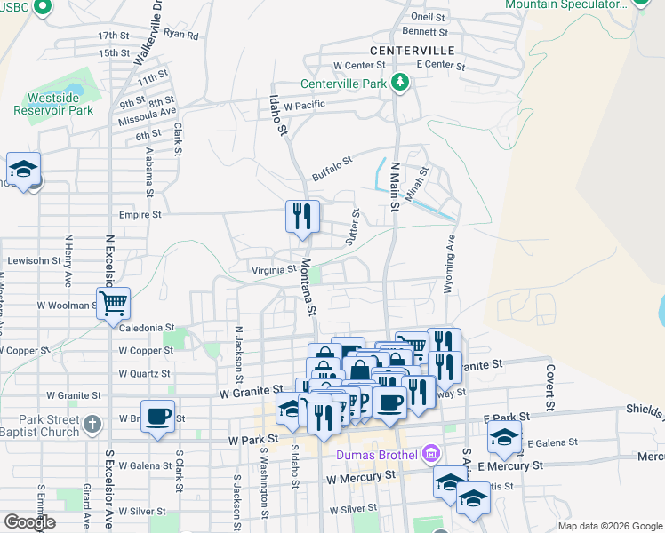 map of restaurants, bars, coffee shops, grocery stores, and more near 130 West Boardman Street in Butte