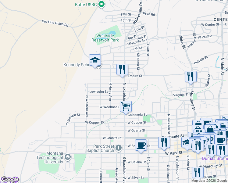 map of restaurants, bars, coffee shops, grocery stores, and more near Lewisohn Street in Butte