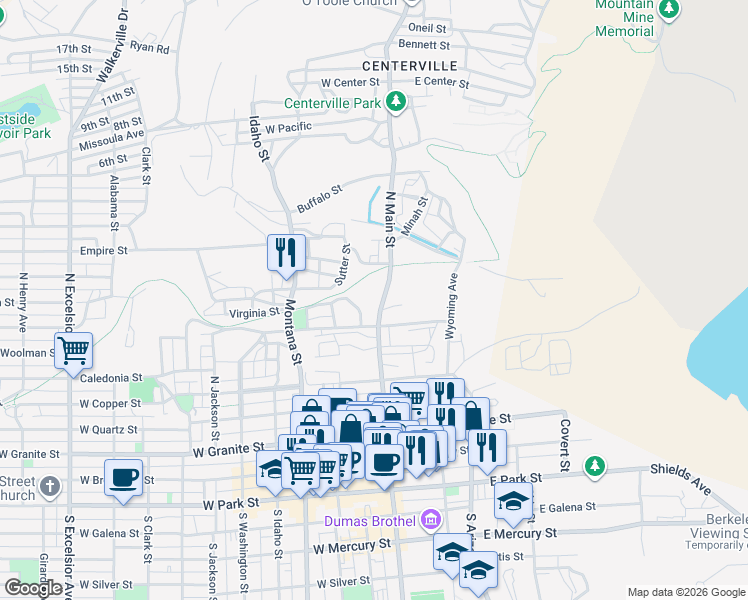 map of restaurants, bars, coffee shops, grocery stores, and more near 629 North Main Street in Butte