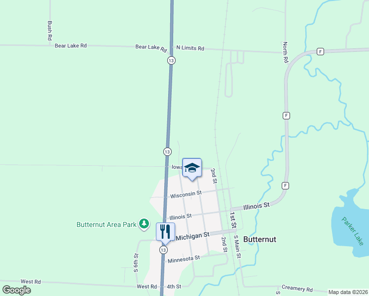 map of restaurants, bars, coffee shops, grocery stores, and more near 416 4th Street in Butternut