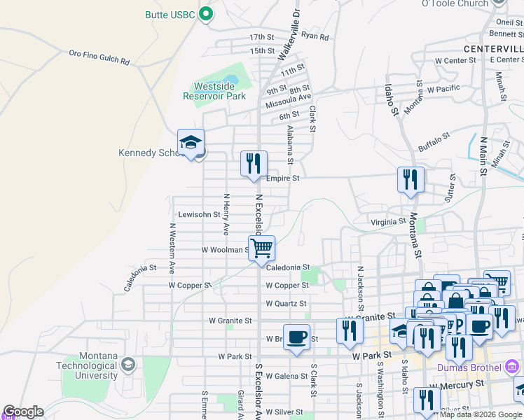 map of restaurants, bars, coffee shops, grocery stores, and more near 801 North Excelsior Avenue in Butte
