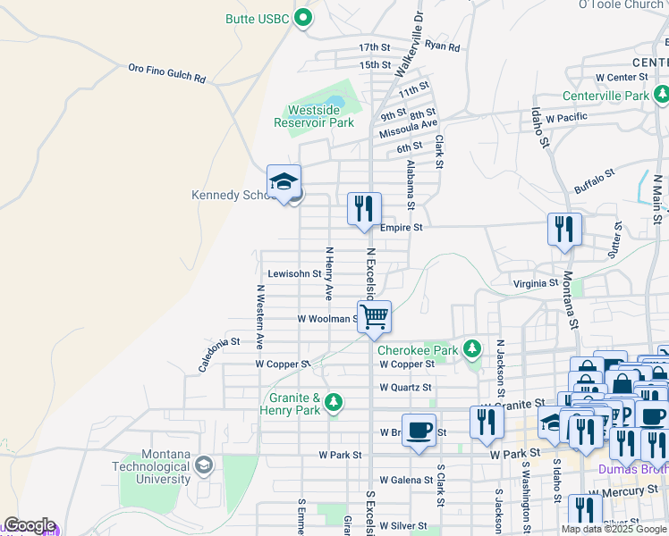 map of restaurants, bars, coffee shops, grocery stores, and more near 941 Lewisohn Street in Butte
