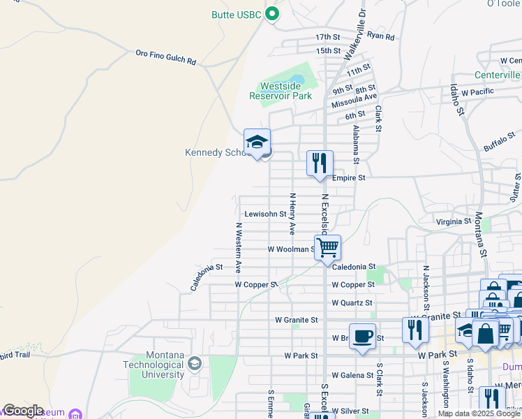 map of restaurants, bars, coffee shops, grocery stores, and more near 1107 Lewisohn Street in Butte